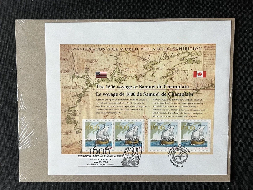 4074 1606 Champlain Voyage Sheet of  4 US & Canadian Dual Postmark Orig Pkg - Image 1 of 1