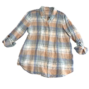 Soft Surroundings Crinkle Linen Shirt Womens Large Plaid Button Up Roll Tab - Imagen 1 de 7