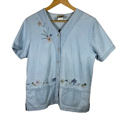 VTG 90s Cottage Floral Embroidered Cropped Boxy  Large Cotton Button Down - Image 1 of 4