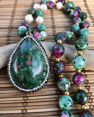 🤩 Beautiful 🇵🇪 Zoisite  Ruby & Pearl Mix Silver Pendant Necklace - Unique!! - Image 1 of 4
