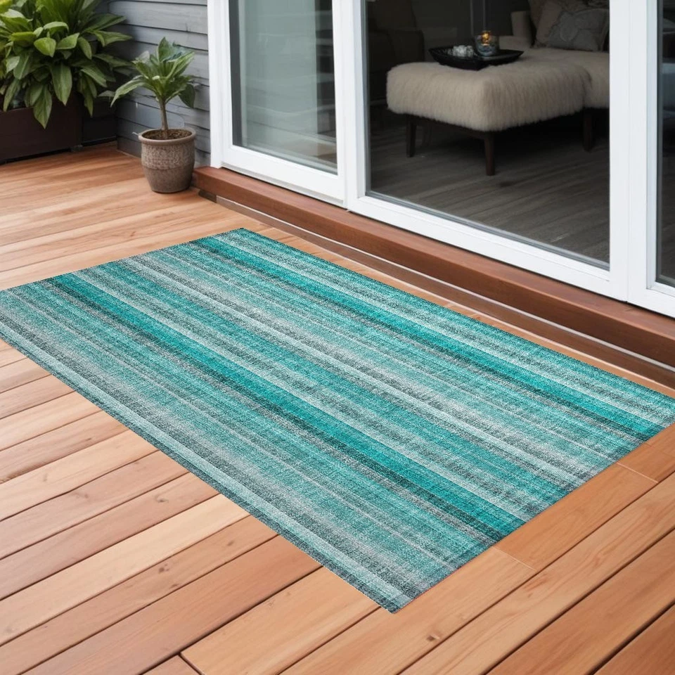 HomeRoots 562092 2 x 3 ft. Teal & Gray Striped Washable Non Skid Area Rug - Image 1 of 1