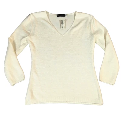 VTG Bebe Moda Womens Sweater Sz L White V-Neck 3/4 Sleeve Stretch NWT - Image 1 of 4