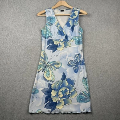 Vestido tocador para mujer mediano azul mariposa floral sin mangas cuello en V línea A Foto 1 de 4