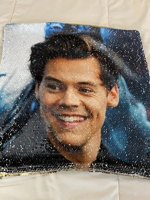 HARRY STYLES Reversible Blue & Gold Sequin Pillow Case 14" x 14" One Direction - Image 1 of 3
