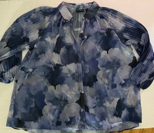 Susan Graver OCCASIONS Plus Size Top 2X Blouse Blue Floral Semi Sheer Shirt - Picture 1 of 8