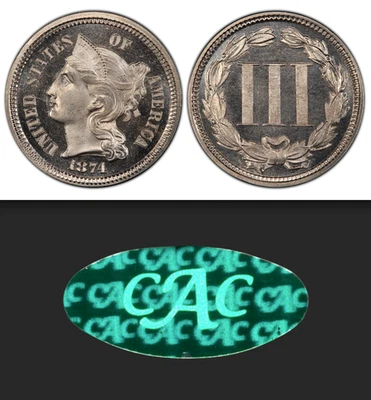 1874 PCGS PR66+ CAM CAC $2,503-CU DL Hansen - 700 Minted ✅ Three Cent Nickel 3CN - Image 1 of 4