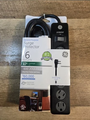 GE 6-Outlet Surge Protector, 10 Ft Extension Cord, Power Strip, 600 Joules Black - Image 1 of 3