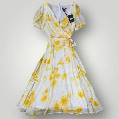 New DKNY Yellow Floral Chiffon Summer Dress Wrap Midi Belted Elegant Preppy Sz 8 - Image 1 of 4