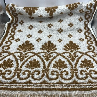 Vintage 70s Cannon Monticello Scroll Print Hand Towel Fringe Brown White - Image 1 of 4