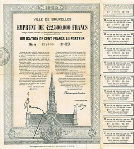 BELGIUM CITY OF BRUSSELS 1905 LOAN stock certificate - Picture 1 of 1
