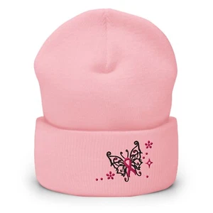 Breast Cancer Awareness Pink Ribbon Butterfly Knit Beanie Hat - Picture 1 of 36