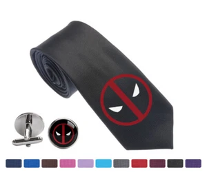 Deadpool Symbol Skinny Narrow Jacquard Woven 2.5" Tie Necktie Tie Cuff Links - Picture 1 of 19