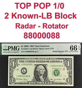 2003 $1 Federal Reserve Note PMG 66EPQ top pop finest radar-rotator 88000088 - Picture 1 of 4