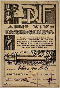 REGNO D’ITALIA GENOVA GRUPO RIONALE GENERALE CANTORE TESSERA A.XIV° 1936 - Imagen 1 de 6