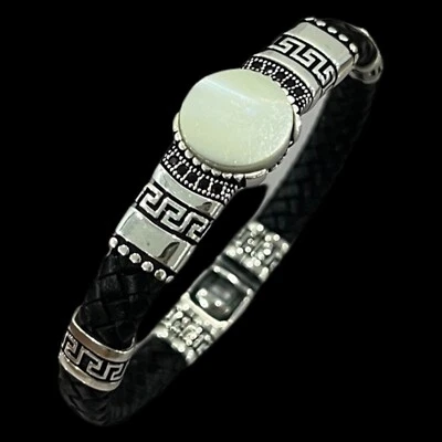 Brazalete de cuero para hombre de plata de ley 925 joyería piedra perla Foto 1 de 4