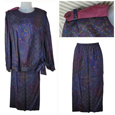 Vintage 80s Top Skirt Set size 16 Floral Shirt Midi Event Paisley Blue Royalcore - Image 1 of 4