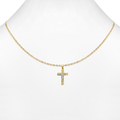 Ciondolo in oro giallo bianco 14 kt croce di Gesù taglio diamante catena Valentino