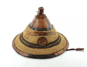 CAPPELLO BORORO FULANI AFRICA OCCIDENTALE PAGLIA E PELLE INTRECCIATO A MANO - Foto 1 di 6