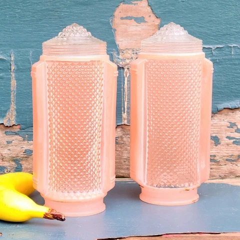 Vintage Art Deco Skyscraper Pink Glass Boudoir Shades / Wall Sconces Set of 2 Cover