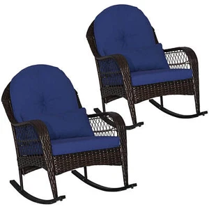 2PCS Patio Wicker Rocking Chair W/Seat Back Cushions & Lumbar Pillow Porch Navy - Picture 1 of 9