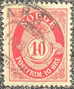 Vintage 1896 Norway 10 Ore Postfirm Poshorn Postage Stamp - Picture 1 of 2