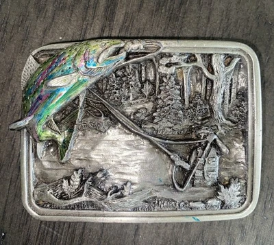 Vintage Fly-Fishing Belt Buckle 3D Forest Trout Bergamot Brass Works 1983 USA - Image 1 of 2