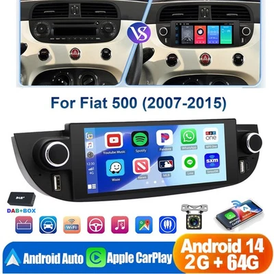 DAB+ Car Stereo Autoradio Per Fiat 500 2007-15 Android 15 64G GPS Bluetooth Cam+ - Immagine 1 di 4