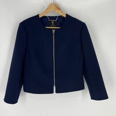 Ted Baker Blazer размер 4 женщин темно-синий Eliaana изогнутый кромки укороченный куртка карьера - Изображение 1 из 4