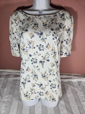 Allegra K Womens Ivory Crew Neck Button Sleeve Blue Floral Blouse XL NWT - Image 1 of 4
