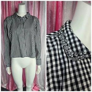 J.Crew Collection Black White Gingham Cropped Jewel Button-Up Blouse Size 14 - Imagen 1 de 14