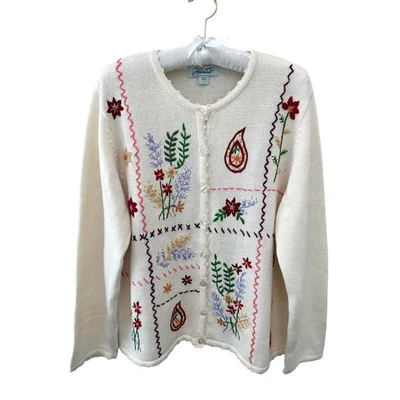 HABAND! | Vintage 90s Floral Embroidered Cream Cardigan Sweater | Size Large - Image 1 of 4