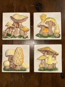 (4) Vintage  Ceramic Mushroom 3D Hanging Wall Art 5"x5" Plaques Tiles MCM Kitsch - Picture 1 of 9