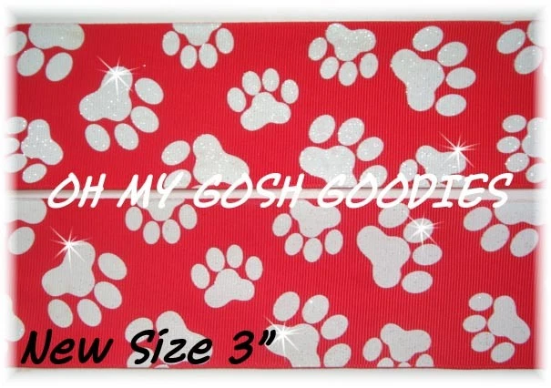 5 YARD SALE - 3" SLIGHTLY IRREGULAR GLITTER PAW PAWPRINT GROSGRAIN RIBBON RED - Image 1 of 1