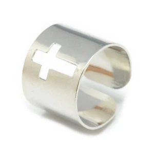 Adjustable Stainless Steel Cuff Ring Wide Band Cross Size 7 Silver 17mm Z743 - Picture 1 of 2