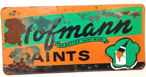 Letrero de metal pinturas Hofmann de ferretería vintage pared verde naranja - Imagen 1 de 8