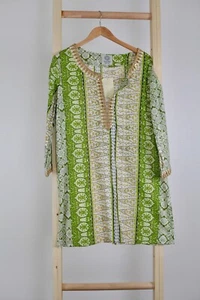 Green and white block printed 100% cotton tunic dress with gold trim details - Picture 1 of 8