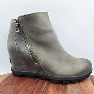 Sorel Joan of Arctic Boots Women's 8.5 Gray Nubuck Zip Lug Hidden Wedge Booties - Picture 1 of 12