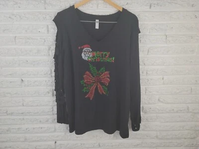 Christmas Zenana Outfitters Womens Top 2X Tee Cut Out Black Sleeve Rhinestone - Image 1 of 4