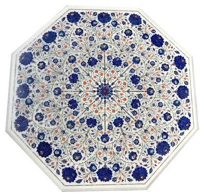 48" White Marble Console Coffee Top Table Lapis Stone Marquetry Floral Inlay Art - Image 1 of 4