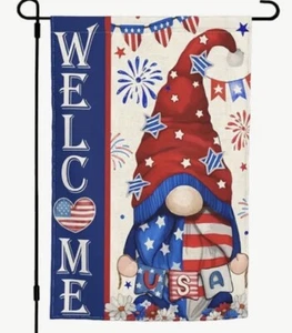 4TH OF JULY LINEN GARDEN FLAG  12"X18" PATRIOTIC GNOME "WELCOME" - Picture 1 of 1