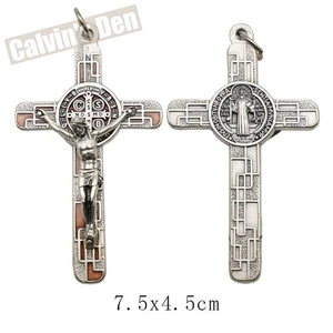 St Benedict Medal Crucifix Cross Pendant Necklace Silver Tone Brown Enamel Italy - Picture 1 of 5