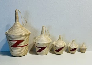 Rwandan Peace Nesting Baskets with Lids African Woven Sisal Set of 5 - Picture 1 of 12