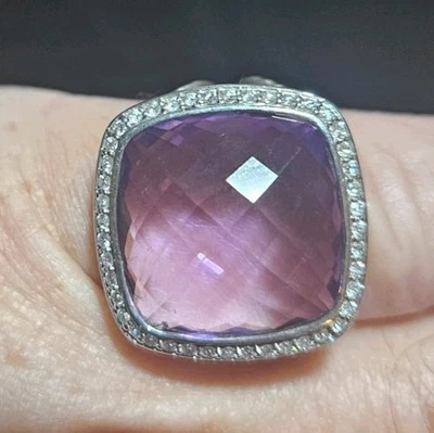 Anillo David Yurman 17mm Cuadrado Amatista y Pavé de Diamantes 925 Esterlina Talla 7 Foto 1 de 4