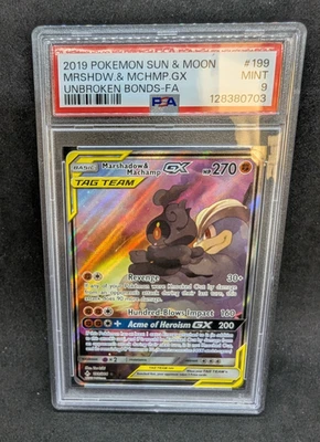 Pokemon PSA 9 MINT Marshadow & Machamp GX 199/214 Unbroken Bonds FA Holo S#0703 - Image 1 of 2