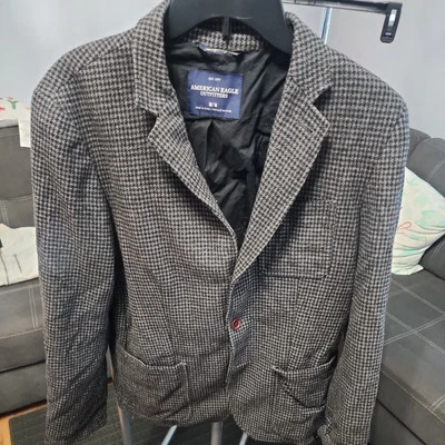American Eagle Outfitters AE Wool Blend Black Gray Houndstooth Blazer Men's Sz M - Image 1 of 4