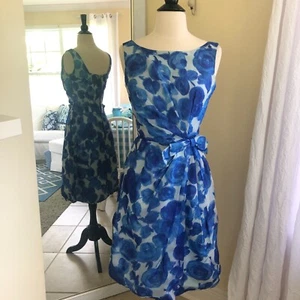Vintage 60s Party Cocktail Sheath Dress Small Blue Floral Chiffon Swing Mad Men - Picture 1 of 13