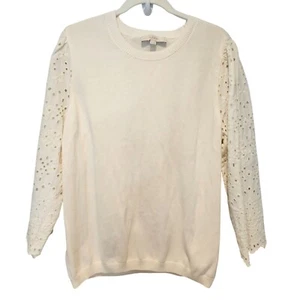Loft Woman Size XL NWOT Ivory Cotton Sweater with Eyelet Embroidered Sleeves - Picture 1 of 5