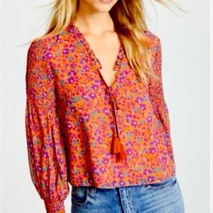 Beautiful Rebecca Minkoff Flowy Orange Balloon Sheer Sleeve Tassel Shirt Small - Picture 1 of 5