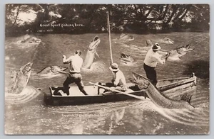 Exaggeration RPPC Postcard, Martin: Great Sport Fishing Here - Picture 1 of 2