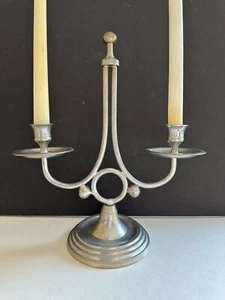 Double Candle Holder Candelabra MCM Art Deco Design Silver tone Over Brass 12” - Picture 1 of 13